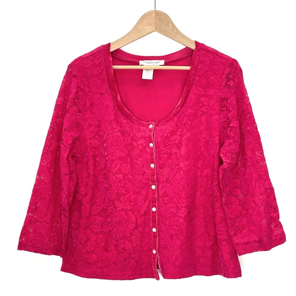 Coldwater Creek Flocked Lace Cardigan Top Size Large Velvet Trim Hot Pink
